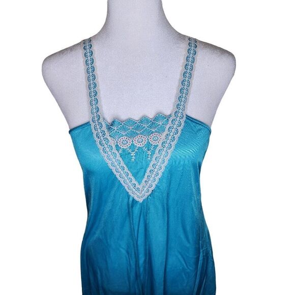 Vintage 70s Long Satin Lace Trim Night Gown Women Size S Turquoise Blue Nylon - Picture 2 of 7